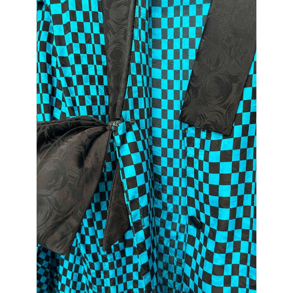 Adrianna Papell 80s 90s Silk Checkerboard Dress Teal Black Bow Vintage Size 14 - Picture 5 of 8